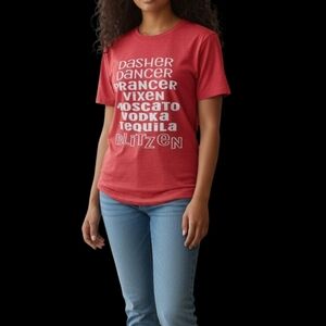 Let's Get Blitzen Reindeer Christmas Tee in Heather Red and White Sz Small